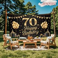 2D 70th Birthday Backdrop Black Gold Stars & Pennant Flags Photography Prop 47.2x31.5inch/120*80cm