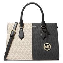 MICHAEL KORS Kontrastingos spalvos presbiopinis spaudinys rankinė su rankenomis dengtas drobės dirbtinės odos rankinė vidutinio dydžio moteriška off-white ir juoda juoda