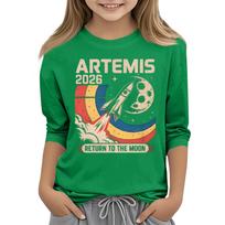 Kids Crew Neck Three Quarter Sleeve Casual T Shirt Space Rocket Print Graphic Tee Comfortable Fit Lightweight Fabric 110 žalia