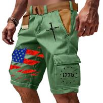 Men's Casual Multi Pocket Cargo Shorts with Flag and Lettering Print Functional Outdoor Workwear Shorts without Belt XL