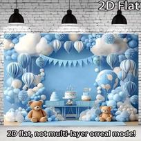 2D Hot Air Balloon Teddy Bear Backdrop for Gender Reveal and Blue Themed Party Decoration 47.2x31.5inch/120*80cm