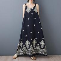 Sleeveless strap Plus size vintage Floral new in dresses for women casual loose maxi long summer dress tamsiai mėlyna spalva