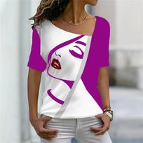 Women's Sweet Style Beauty Avatar Print Short Sleeve T-Shirt Female 2023 Summer V Neck Pullover Tops Slim Fit Daily Casual Tees S