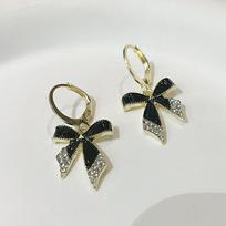 Black Enamel Oil Crystal Bow Drop Earrings for Women New Trendy Round Hoop Earrings Wedding Party Elegant Golden Color Jewelry