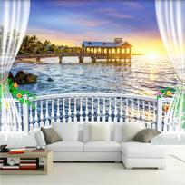 3D fototapetas Balkonas Gražus vaizdas į jūrą Saulėtekis Freska Svetainė Miegamasis Kavinė Restoranas Sienų freskos Namų dekoras 200 cm(W) x 140 cm(H) gray