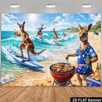 2D Australia Day Kangaroo Backdrop with Surfing Kangaroos & Ocean 47.2x31.5inch/120*80cm