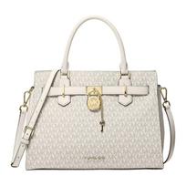MICHAEL KORS Hamilton Gold Gold Lock Charm Adjustable Detachable Shoulder Strap Coated Canvas Shoulder Handbag Medium Women's Off-White auksas