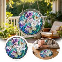 Stained Glass Window Hanging Suncatcher Decorative Garden Kitchen Sunroom Home Ornament with Butterfly and Floral Design Round Shape One Size