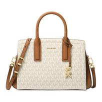 MICHAEL KORS rankinė Laila prekės ženklo logotipas, spaudžiama sagtelė, dirbtinė oda ir karvės odos skeltinė oda, Tuto krepšys, pirkinių krepšys, peties crossbody tote balta
