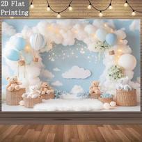 2D Flat Blue Sky Teddy Bear Backdrop with Balloons and Lights for Newborn and Baby Photography 47.2x31.5inch/120*80cm