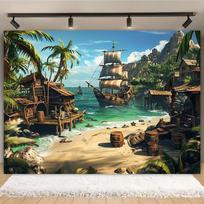 2D Pirate Beach Backdrop with Old Wooden Ship, Palm Trees and Docks Photography Background 47.2x31.5inch/120*80cm
