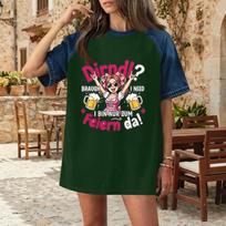 Women's Casual Denim Patchwork Oktoberfest Print Short Sleeve T Shirt Comfortable Loose Fit Tee Top for Everyday Wear M