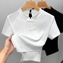 New Chinese-style Stand-up Collar Tilt Tandem Button Top Summer New Women's Irregular Hem White Short-sleeved T-shirt for Women S balta