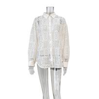 Fashionable High-End Retro Lace Hollow Shirt Versatile Commuting Long Sleeve Blouse Women's Hot Item S smėlis