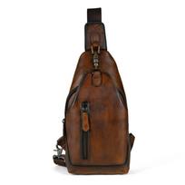 Men's chest bag handmade retro top layer cowhide outer leather men's bag single shoulder crossbody bag tamsiai ruda spalva