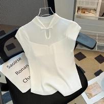 Women's White New Chinese Style Mandarin Collar Sleeveless Knit M balta