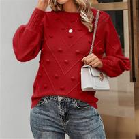 Pom Pom Knit Jumper Long Sleeved Pullover Women's Knitwear Luxurious Relaxed-fit Slimming and Versatile Top S raudona
