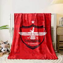A red background with a central crest, winged figure, and a top white star. for all seasons blanket lunch break throw gift 80cm x 120cm