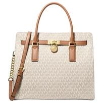 MICHAEL KORS Hamilton Moderne Presbyopia Printed Metal Accessories Tote Bag Artificial Leather Crossbody Handbag Large Women's Vanilla White auksas