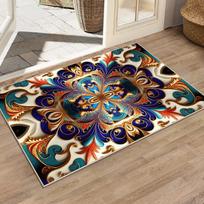 Luxury Baroque Floral Area Rug, Ornate Gold & Blue Swirl Non-Slip Floor Mat for Living Room Bedroom, Elegant Home Decor Carpet 60cm x 90cm