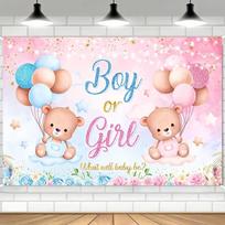Blue Pink Floral Gender Reveal Backdrop with Teddy Bears and Glitter Stars for Photoshoot 47.2x31.5inch/120*80cm
