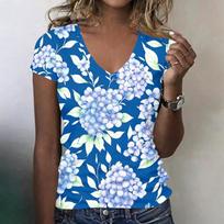 Women V Neck Short Sleeve Floral Print Casual T Shirt Top Soft Lightweight Comfortable Loose Fit Blouse for Everyday Wear XL
