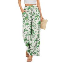 Women's Summer Loose Wide Leg Pants Polka Dot Floral Print Elastic Waist Button Closure with Pockets Casual Trousers for Daily Wear S
