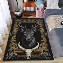 Black Carpet with Stag and Skull Design, Vintage Gold Accents  Suitable for use as an anti-slip for living room bedroom sofas 40x60cm( 15x23in )
