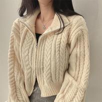 Korean Fashion Loose Zipper Twist Cardigan Short Sweater Jacket Women's Knitted Long Sleeve Solid Color Casual Simple Coats Sweet Clothing One size abrikosas