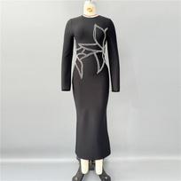 New slim-fit bandage skirt knitted high-elastic long-sleeved dress waist-side drill long dress evening dress dress S