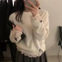 Korean Fashion Sweet Lace Splicing Knitted Pullover Sweater Women Autumn Winter Sweet Bottoming Top Fashion Basic Elegant Loose Solid Color Clothing One size balta