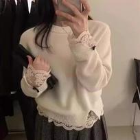 Korean Fashion Lace Splicing Knitted Pullover Sweater Women 2025 Winter New Loose Sweet Sweaters Solid Color O Neck Casual Simple Office Tops Clothing One size
