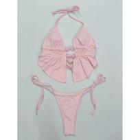 Sexy Thong Bikini Mujer Women Pink Pearls Hollow Out Pleate Ruffles Push Up Swimsuit Beach Bathing Suit Holiday Swimwear S rožinė