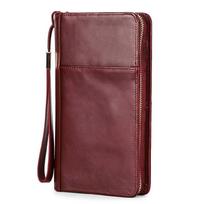 RFID Anti Magnetic Travel Family Passport Storage Bag With Multifunctional Zipper Wrist Strap Genuine Leather 12x3x21 vyno raudonos spalvos