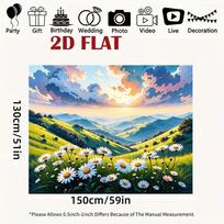 2D Whimsical Sunset Backdrop Lush Green Hills with Daisies Decor 47.2x31.5inch/120*80cm