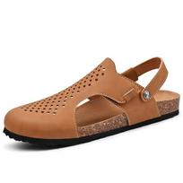 Handmade Genuine Leather Cork Men's Flip Flops Breathable Open Toe Summer Beach Slip On Sandals Casual Outdoor Walking Shoes for Men 38 ruda