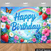 2D Strawberry & Floral Birthday Backdrop Bright Blue Sky Rainbow Party Background 47.2x31.5inch/120*80cm