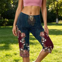 Womens pants with geometric hexagon print capri style comfortable fit pants for women suitable for casual or active wear XL raudona