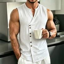 Men Sleeveless Linen Vest Button Down Casual Lightweight Summer Shirt Comfortable Breathable Fabric Relaxed Fit XL balta