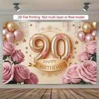 2D Pink Gold Floral 90th Birthday Backdrop 2D Flat Printing Party Background 47.2x31.5inch/120*80cm