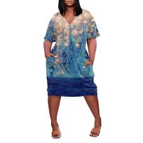 Plus Size Women's V Neck Short Sleeve Knee Length Casual Dress with Pockets Floral Print Vintage Style Summer Dress XXXL mėlyna