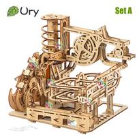 Ury 3D Wooden Puzzles Electric Catapult Track Device Marble Run Set Mechanical Model Science Maze 7 Balls Assembly Gift