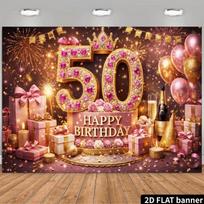 2D Elegant 50th Birthday Backdrop with Champagne, Roses and Gifts Photo Booth Banner 47.2x31.5inch/120*80cm