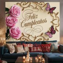 2D Feliz Cumpleaños Backdrop, Pink Rose Butterfly Birthday Party Decoration 47.2x31.5inch/120*80cm