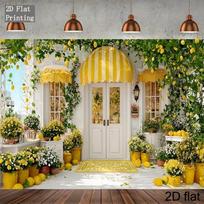 2D Yellow White Lemon Garden Backdrop with Doorway, Flowers & Lemons 47.2x31.5inch/120*80cm