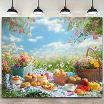 2D Spring Picnic Backdrop Flower Meadow Photography Background 47.2x31.5inch/120*80cm
