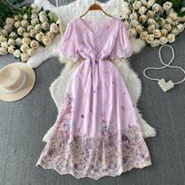 Summer Vintage Hollow Out Embroidered Midi Dress Women's V-neck Short Sleeve Elastic Waist Slim Long Dress One size fits all violetinė