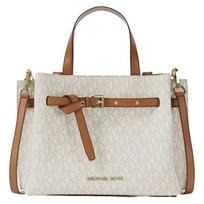 MICHAEL KORS Emilia Signature Logo Gold Hardware Faux Leather Shoulder Handbag Small Women's Vanilla and Brown auksas
