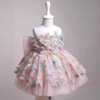 Flower Girl Dress Wedding Gown Party Dress Sleeveless Big Bow 3D Multicolor Floral Appliqué Tulle Mini Gown for Girls 90 rožinė