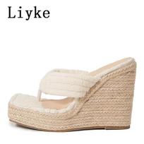 Fashion Liyke White Women Cane Straw Weave Thick Platform Slipper Summer Open Toe Pinch Narrow Band Wedge High Heels Sandals Female Shoe 35 balta